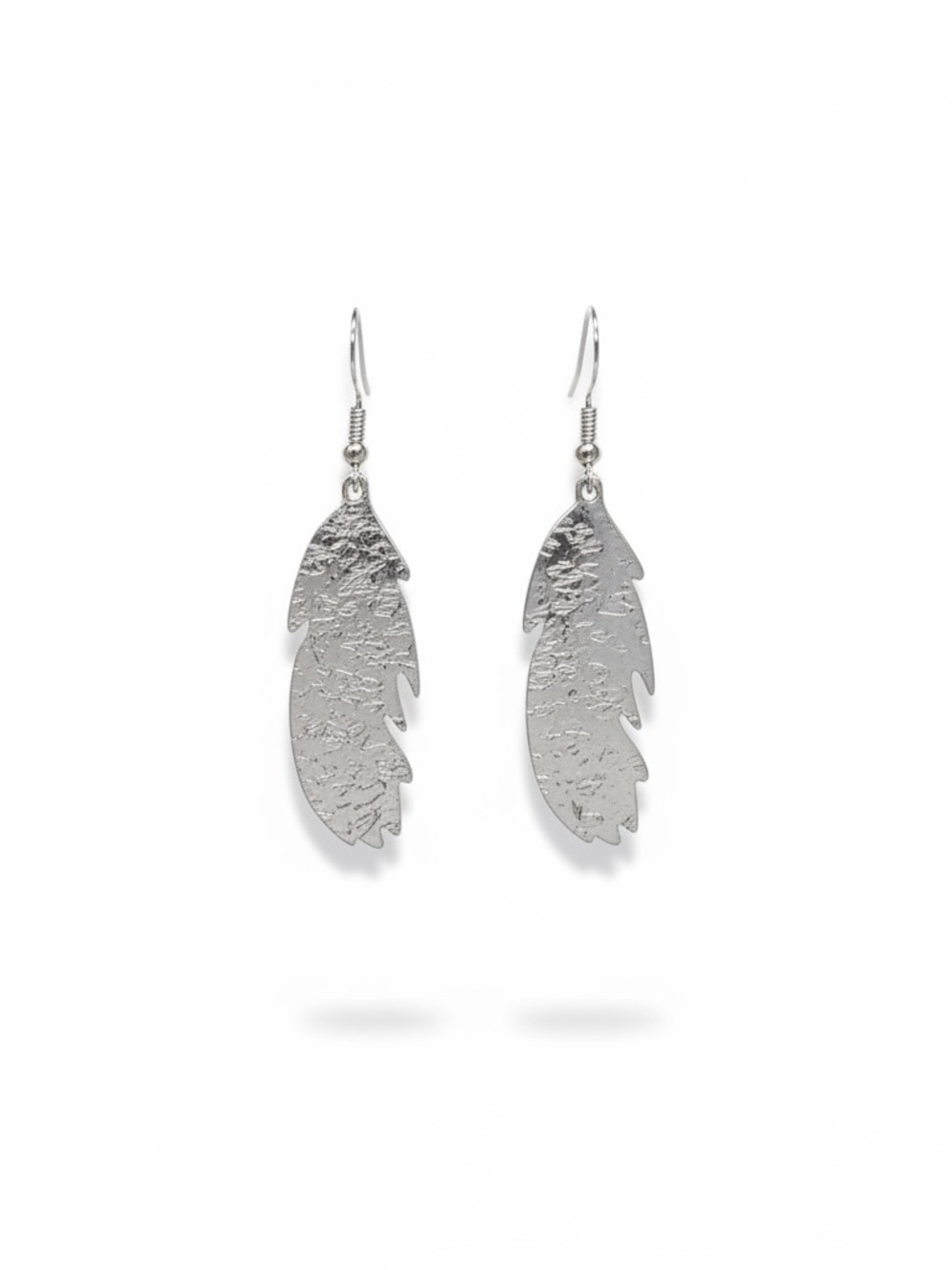 Handmade‎ stamped silver tone boho feather stainless steel hook earrings